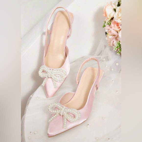NEW [SHEIN] Pink Satin Slingback Low Heels Pearl Embellished Bow Women’s 8/EU 38 - Picture 3 of 15